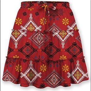 Red abstract ruffle skirt.